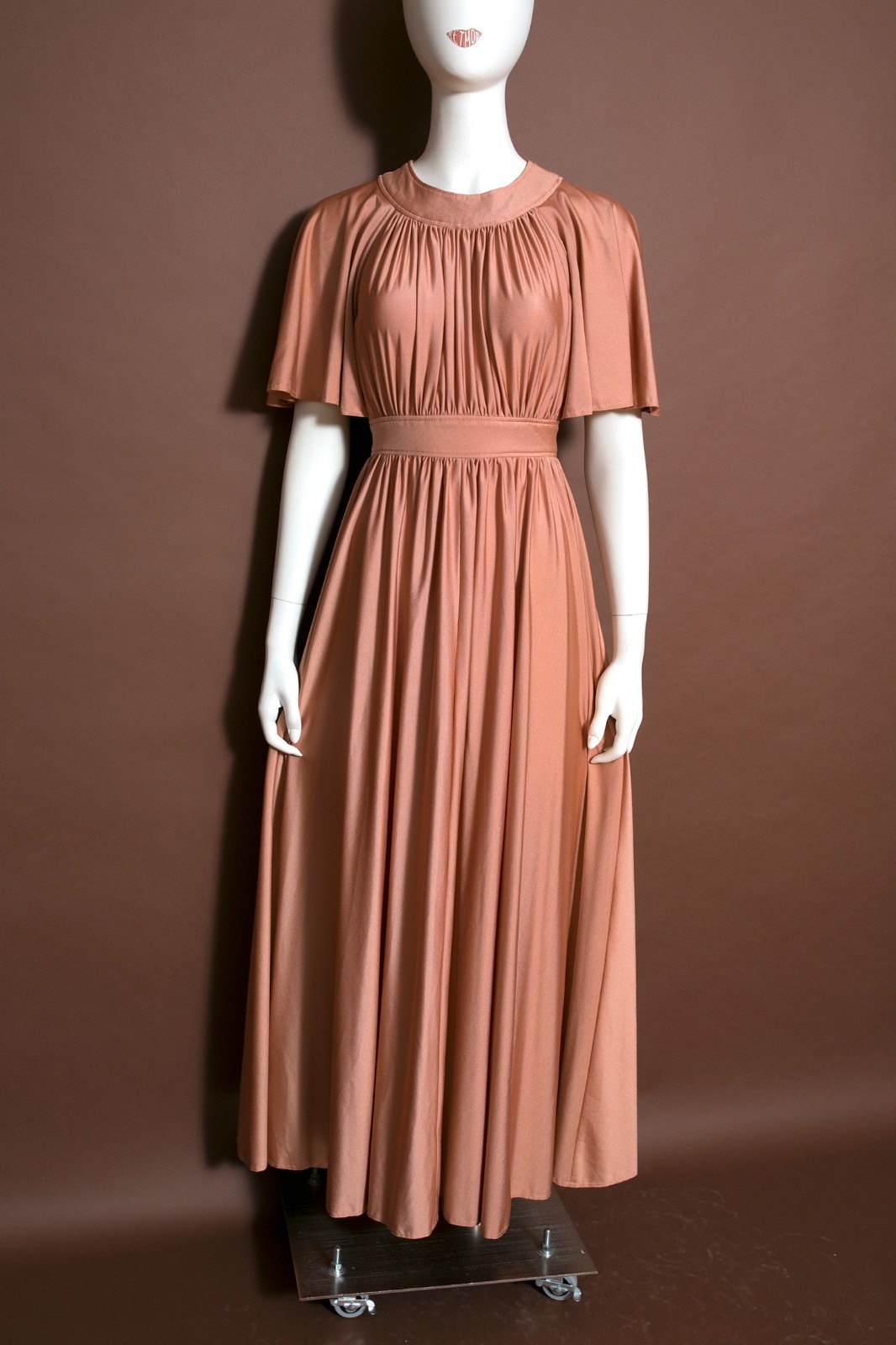 Gorgeous Vintage 70s Nude Cocoa Blush Draped Maxi Dress with Full Skirt