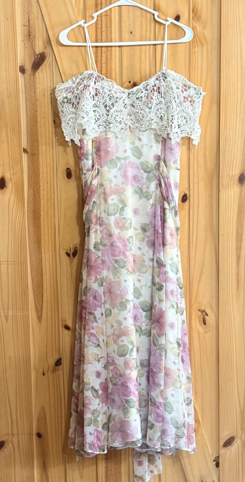 Vintage Jessica McClintock Floral Chiffon Off The Shoulder Dress Lace Trim Sz 12