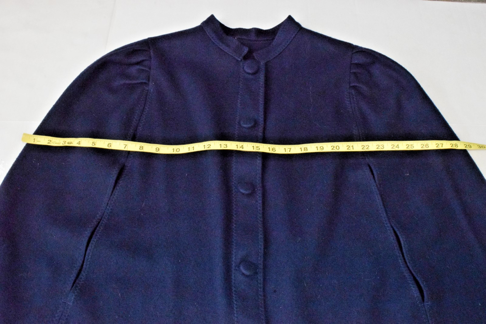 Vintage Cape Coat 1950s Navy Blue Wool Pleated Shoulders No Collar