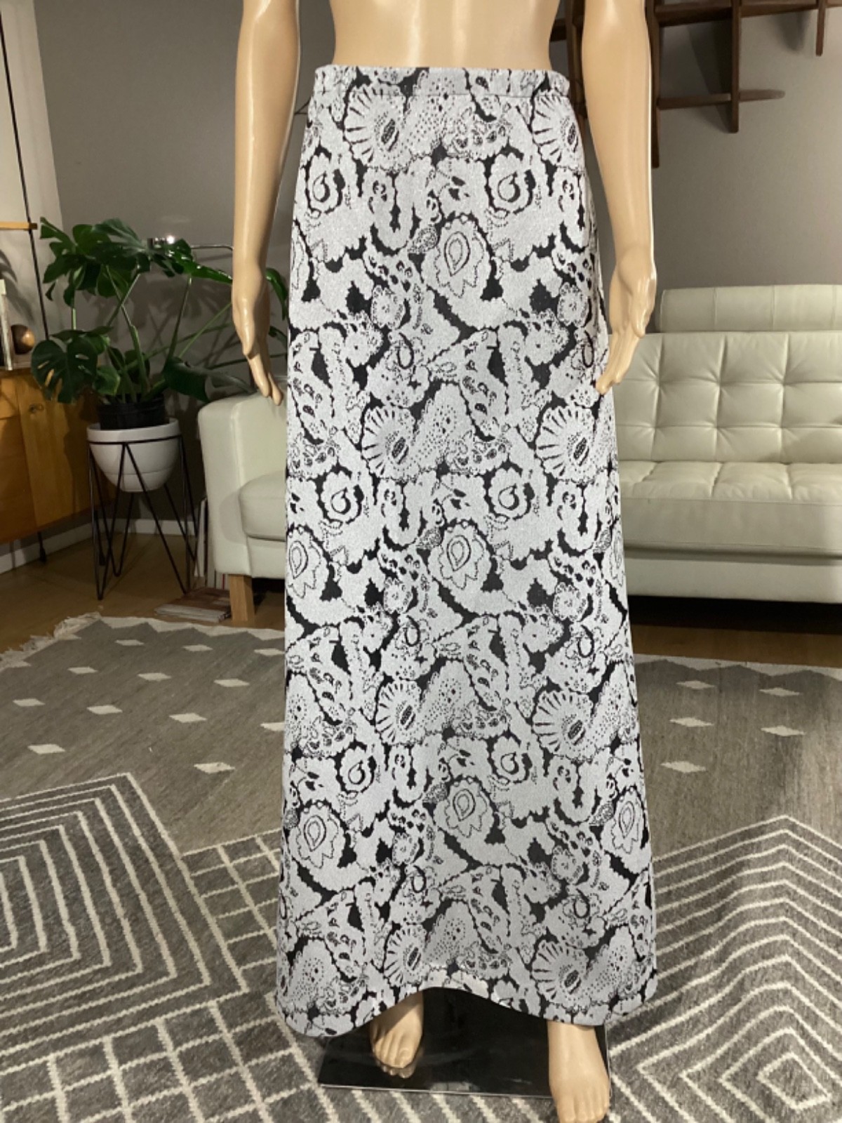 Vintage 1970s Metallic Silver & Black Maxi Skirt Joyce California