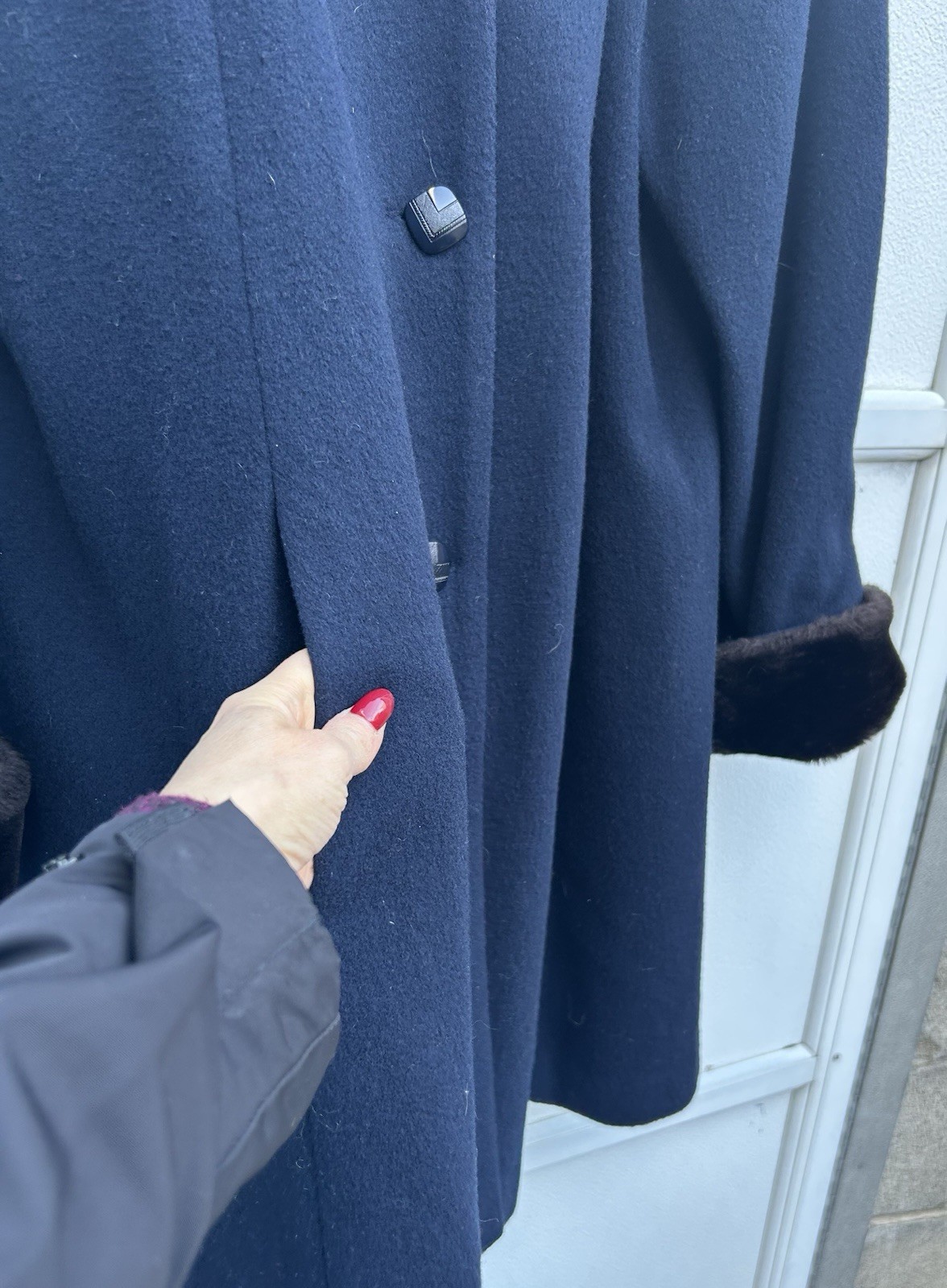 Vintage Coat Women 100% Wool Fur Trim Navy Blue Penny Lane Hood Sz 10 Herman Kay