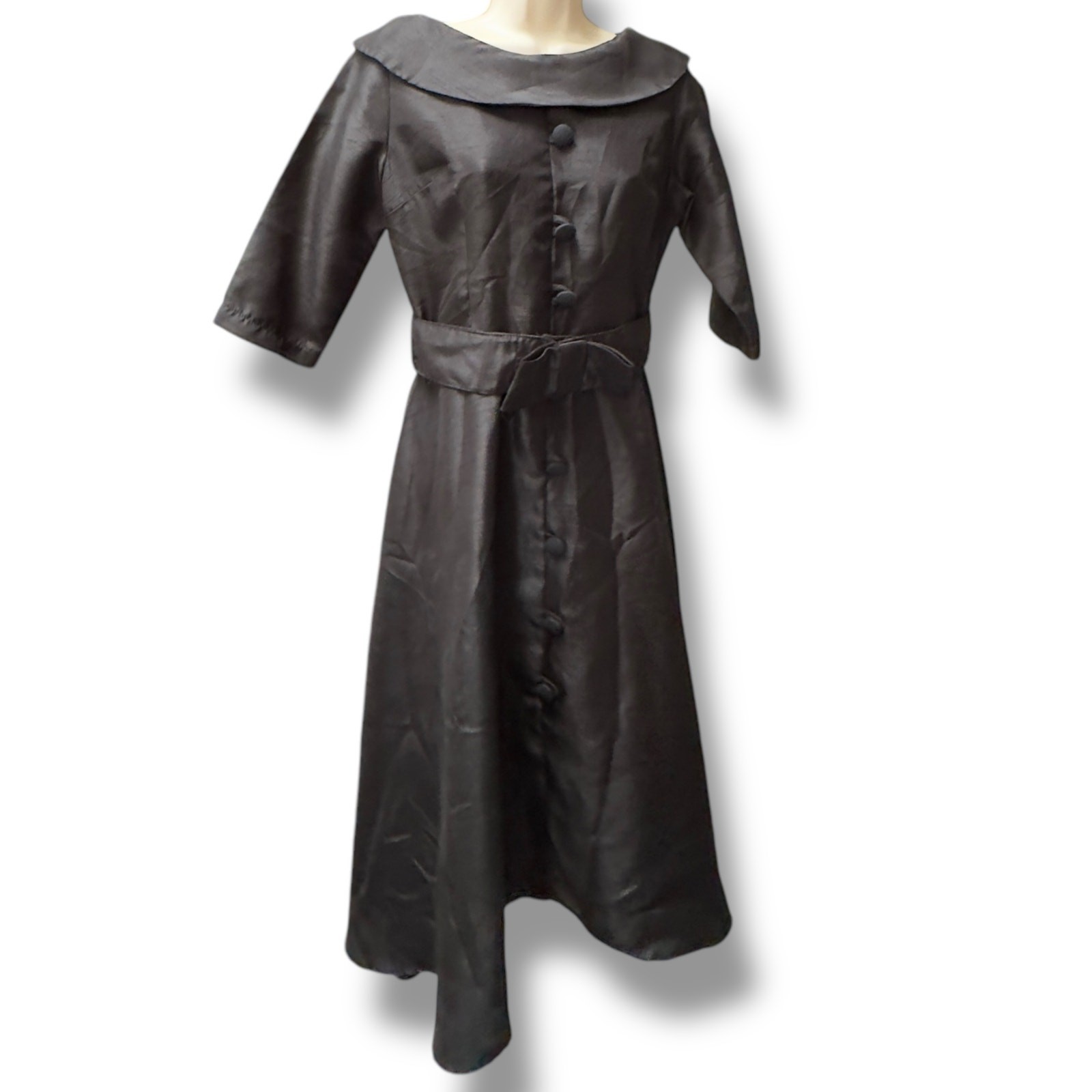 1950’s Black Silk Organza Cocktail Party Dress w Bow Belt Fit and Flare Vintage