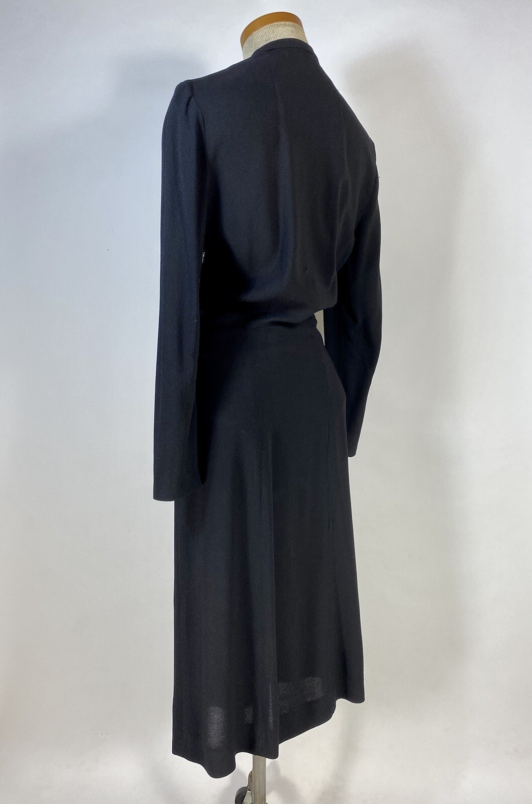Vintage 1940’s black wool crepe dress with neckline tie & beading embellishment