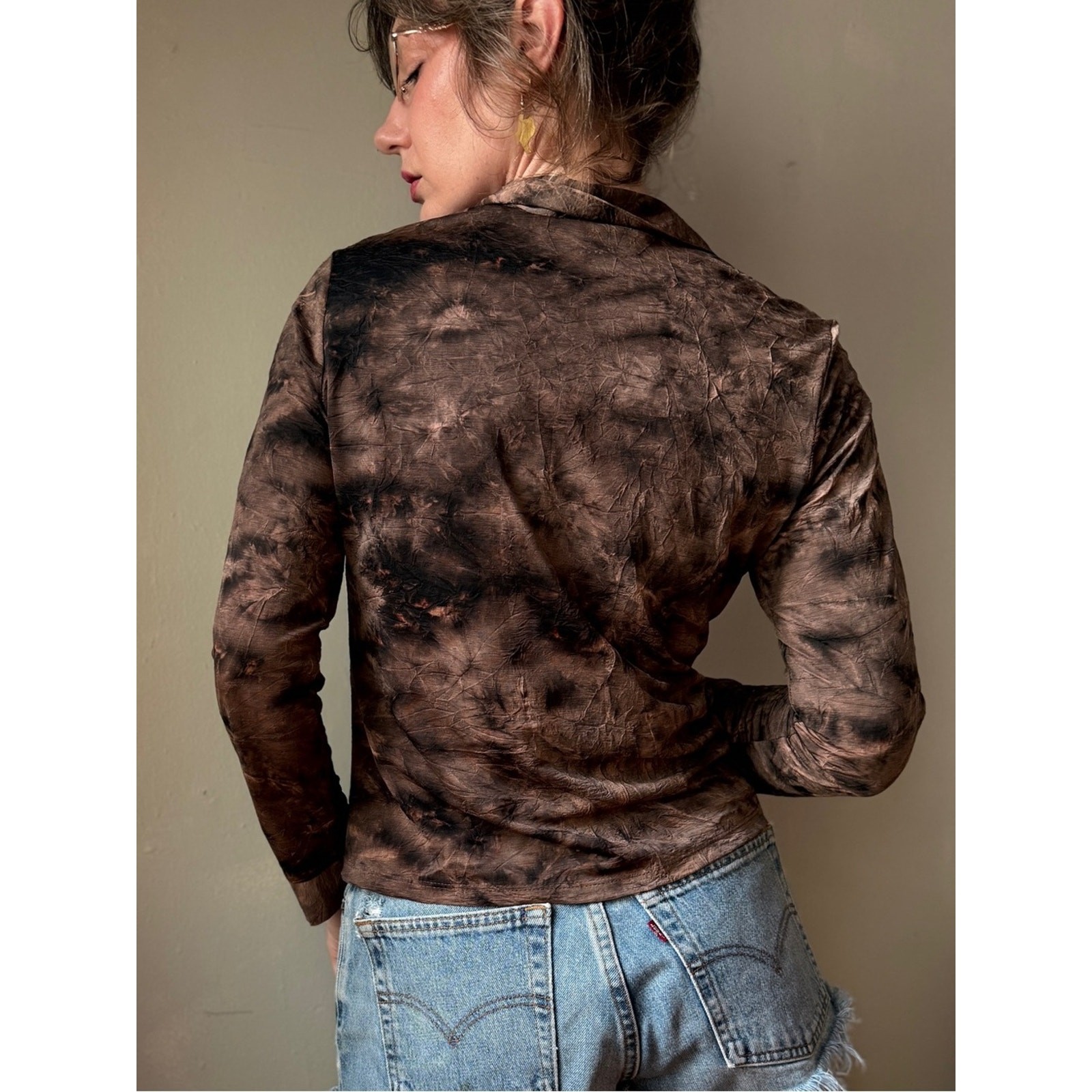 Vintage 90s Tie Dye Button Up Top | Brown Abstract Blouse | Y2K Grunge Fairy | S