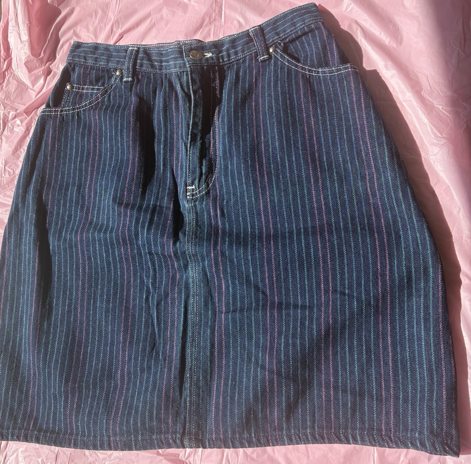 Hunters Glen Vintage Women’s Skirt Striped Denim Knee Length Blue 90s Sz 13/14