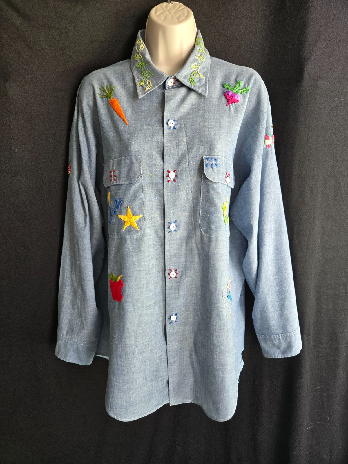 Vtg 70s Chambray MW Big Mac JCP Mens L Womens Cute Folk Hippie Embroidered Shirt