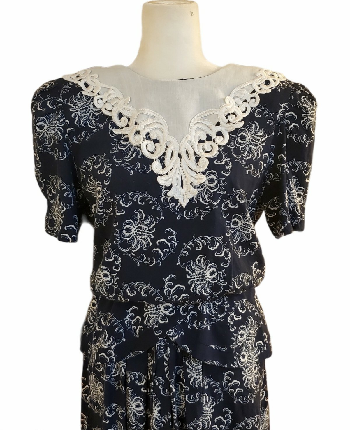VTG 80s Lisa Petites Women’s 12 Dress Cottagecore Crochet Collar Navy Blue
