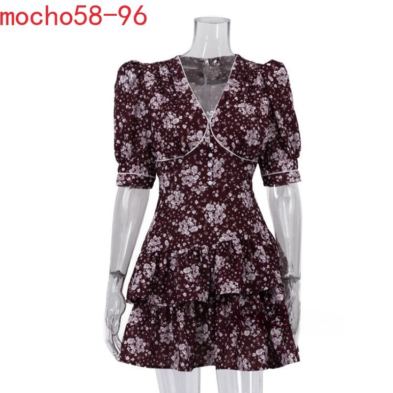Summer Style Printing V-neck Floral Dress Short Sleeves High Waist Floral Dress