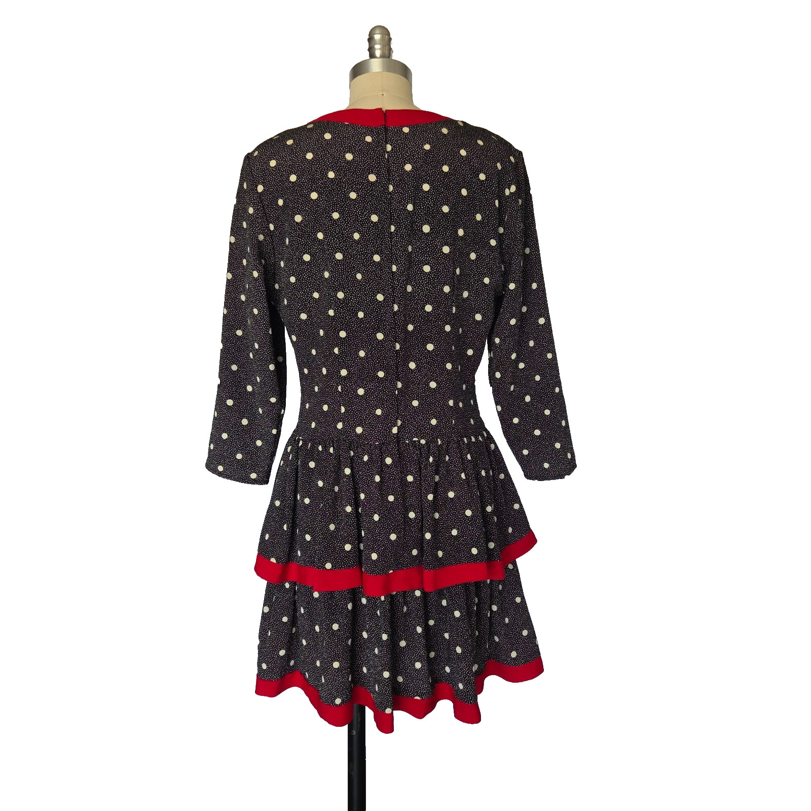 Vintage 80s Polka Dot Mini Dress Size M 8 Black Red Tiered Skirt Long Sleeve