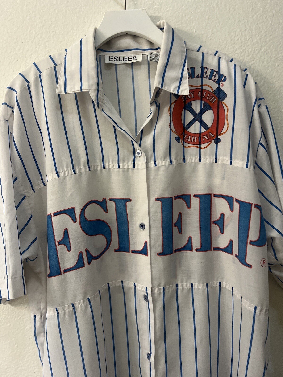 ESLEEP Bay Club Marina Blue Striped Button Up Pajama Shirt Womens One Size.