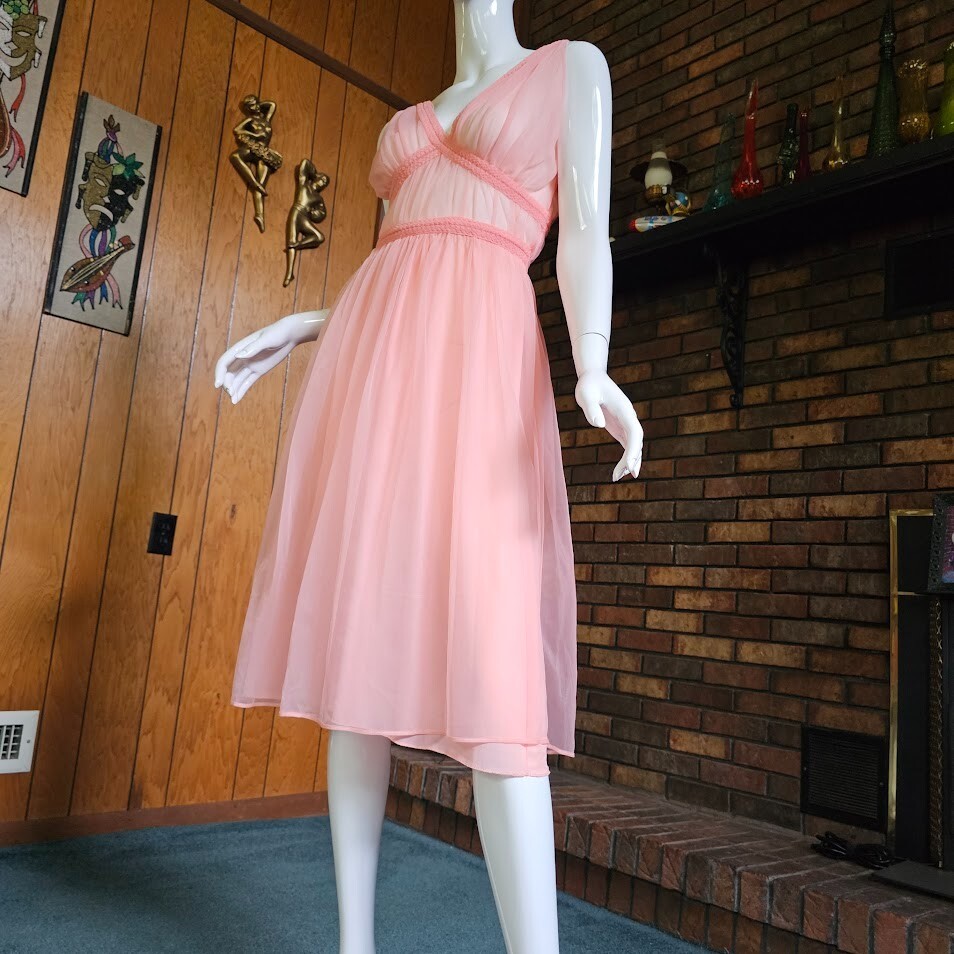 Vtg 60s Candy Pink Sheer Double Chiffon Grecian Pinup Nightie Pajama Dress S/M