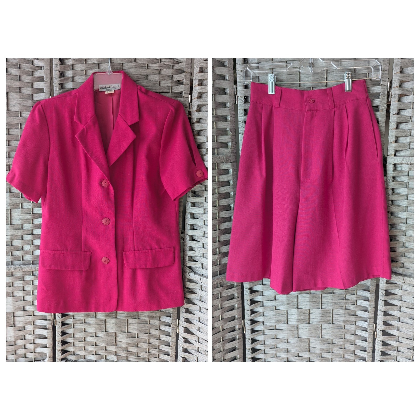 Vtg 90s 2 Pc Set Pink Pleated High Waist Shorts Culottes Short Sleeve Blazer