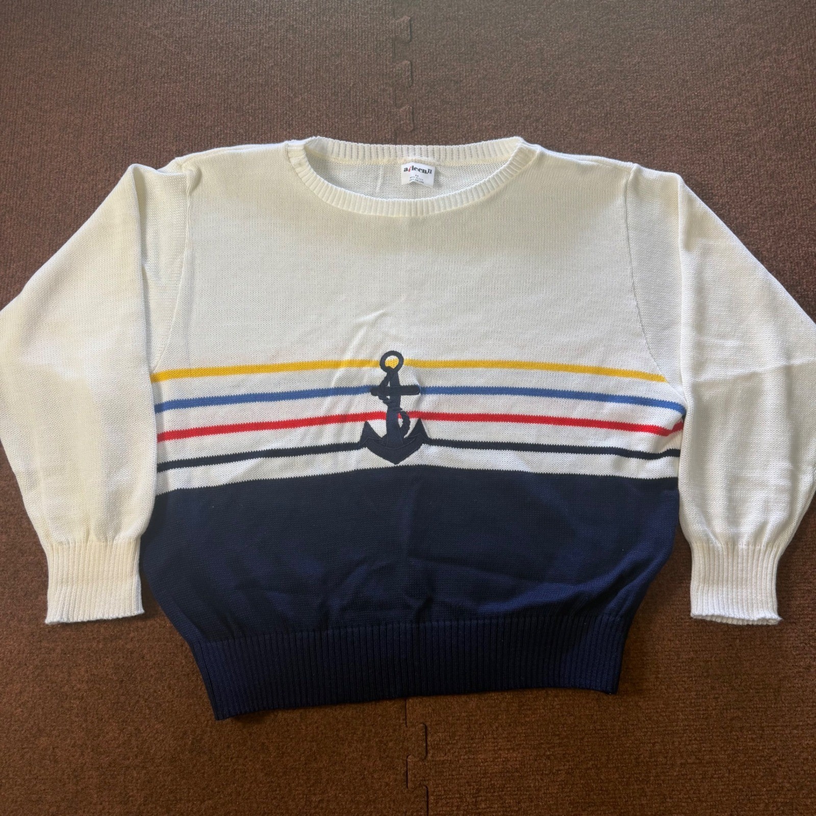 Vintage Aileen II Nautical Anchor Stripe Knit Sweater Navy White Red Yellow 44