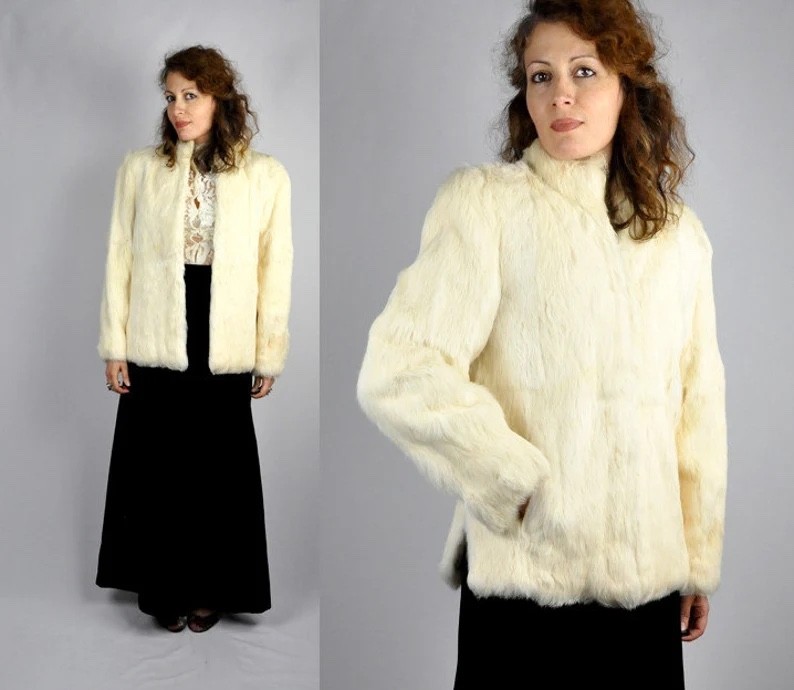 Vintage White Rabbit FUR Coat Jacket Super Soft Genuine Real Fur Ivory S M