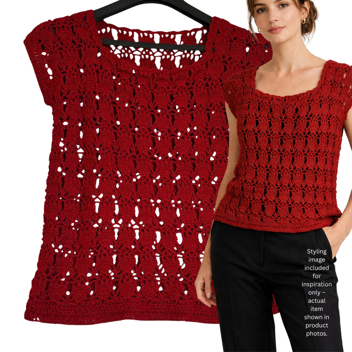 VTG Handmade Red Crochet Lace Top Sweater Vest M Parisian Vintage Artisan Boho