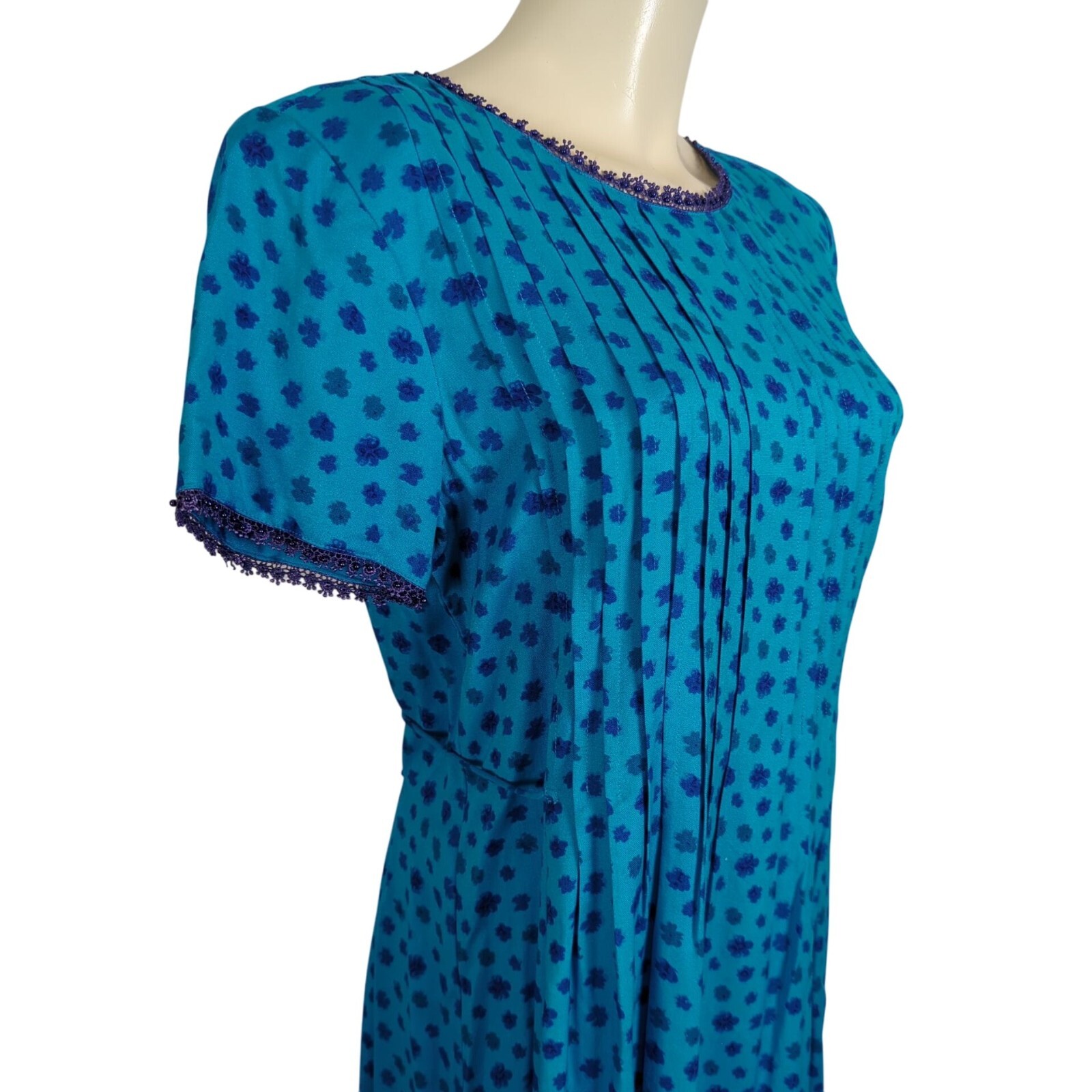 Vintage Sarah Elizabeth Floral Midi double tied modest blue Dress Waist Tie 8