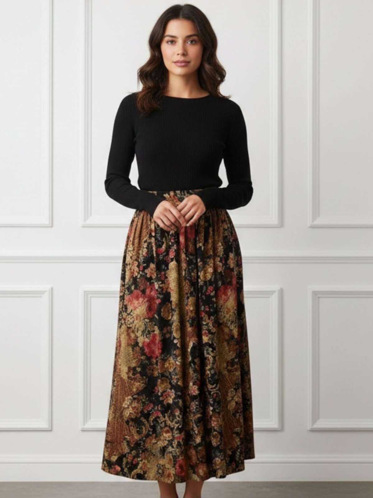 Womens Vintage 80s floral Print silk Skirt | high waistband, full skirt | M
