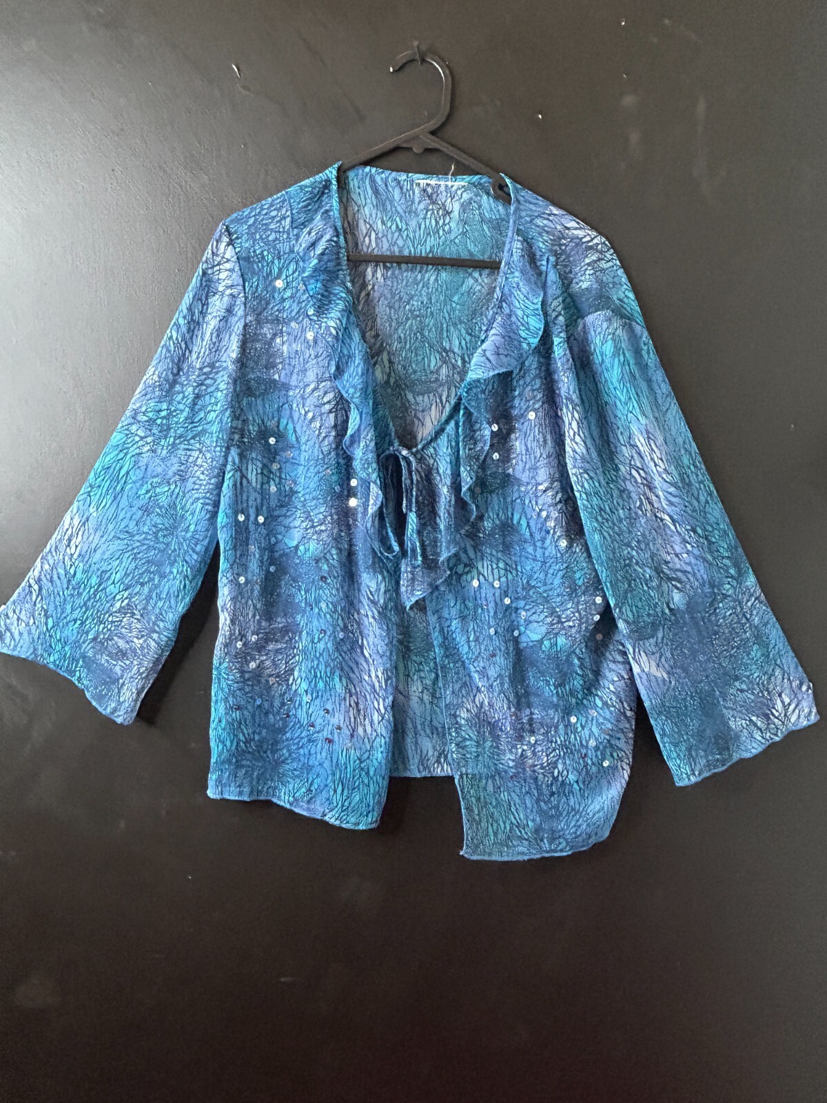 Vintage y2k Ladies Sheer Blue Cascade Ruffle Blouse Sequin Summer Hippie AU 12