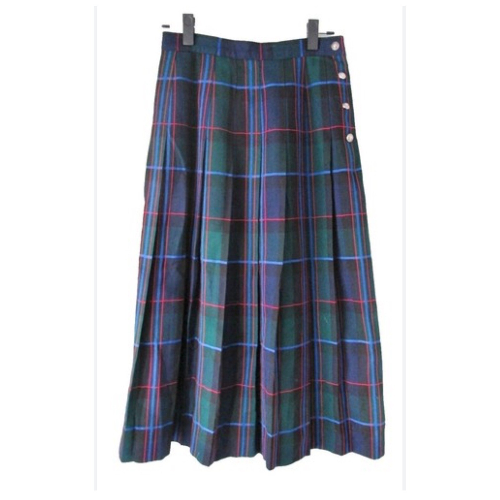 David Brooks Vintage 100% Wool Plaid Pleated Midi Skirt Green Blue Tartan 8P USA