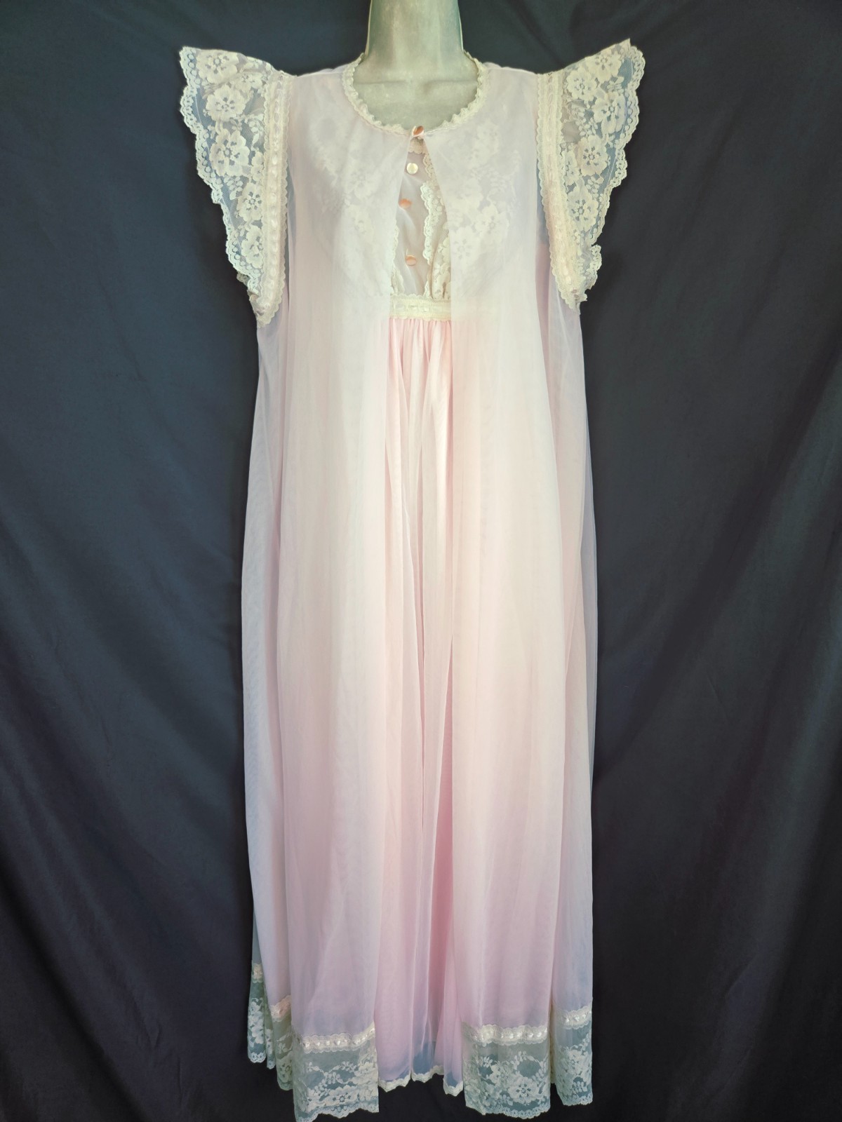 Vtg 60s Gilead Pink Dbl Layer Nylon Chiffon Nightgown Long Peignor Robe SET M