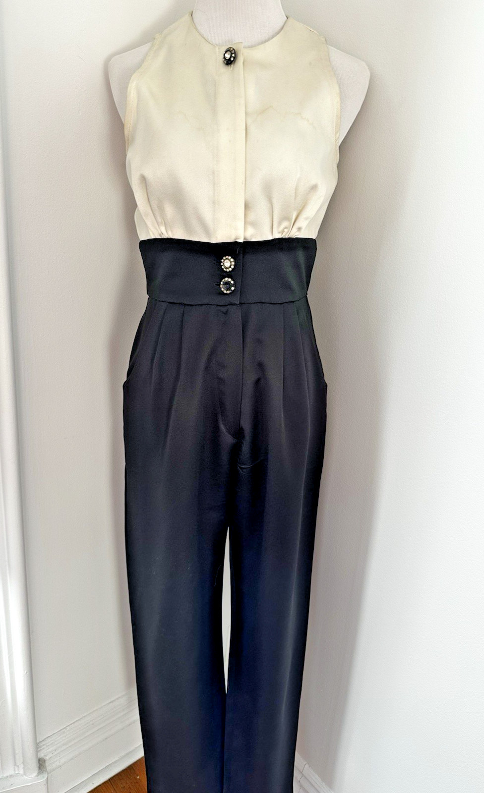 Vintage 1980s TAURUS NITES Petites Tuxedo Inspired Jumpsuit Black White Sz 6