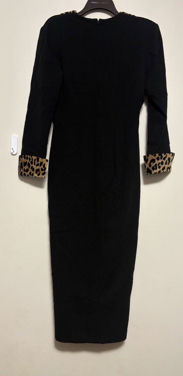 Vintage D.J. Summers Black Leopard Velvet Trim Midi Dress Size 12 Vguc