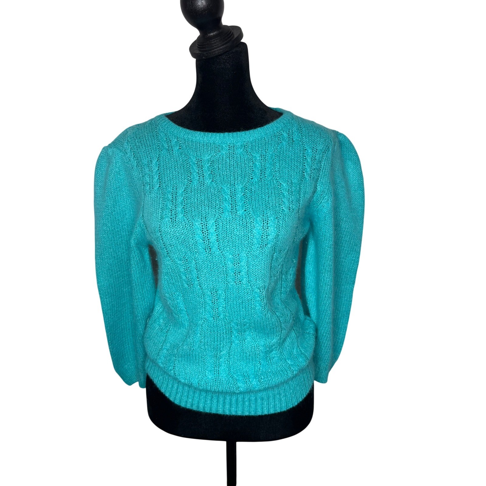 Vtg 80s Silk Angora Lambswool Sweater Puff Sleeve Fuzzy Knit Soft Size S Halo