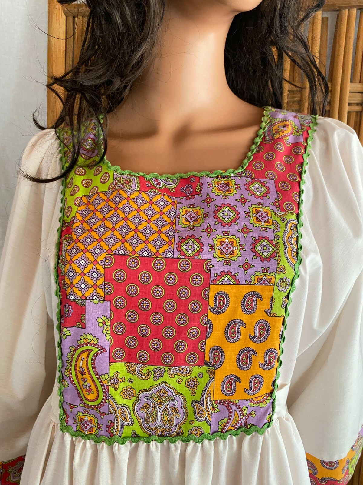 VTG 60s Maxi Dress Cream & Psychedelic Waist Ties 3/4 Wide Sleeve Hippy Boho S/M