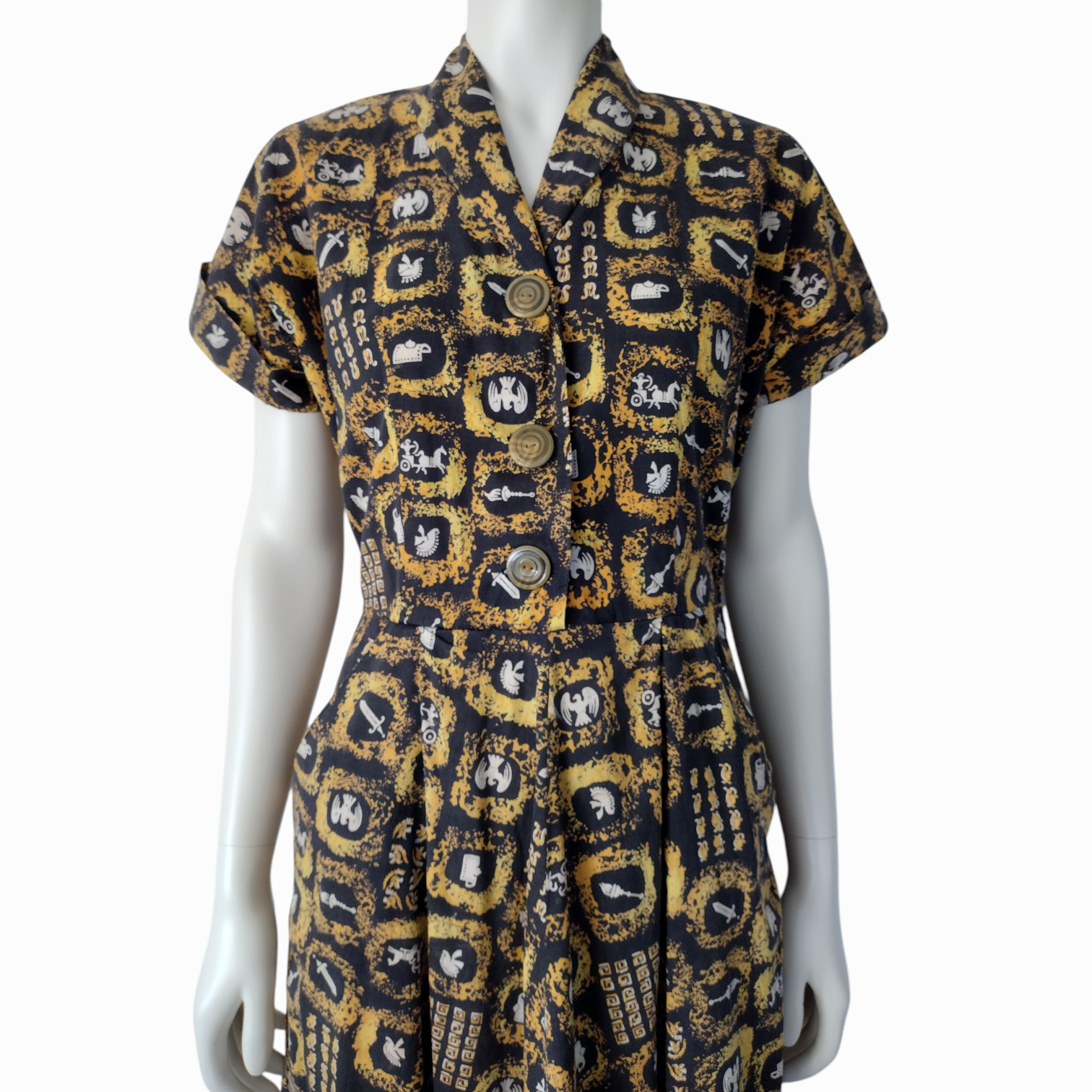 Vintage 1950s Black and Yellow Spartan Warrior Novelty Print Midi A Line Dress
