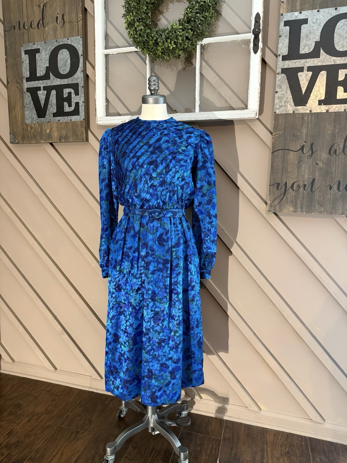 Vintage 70s 80s Blue Floral Midi Dress Belted Long sleeve Secretary Modest Sz 10