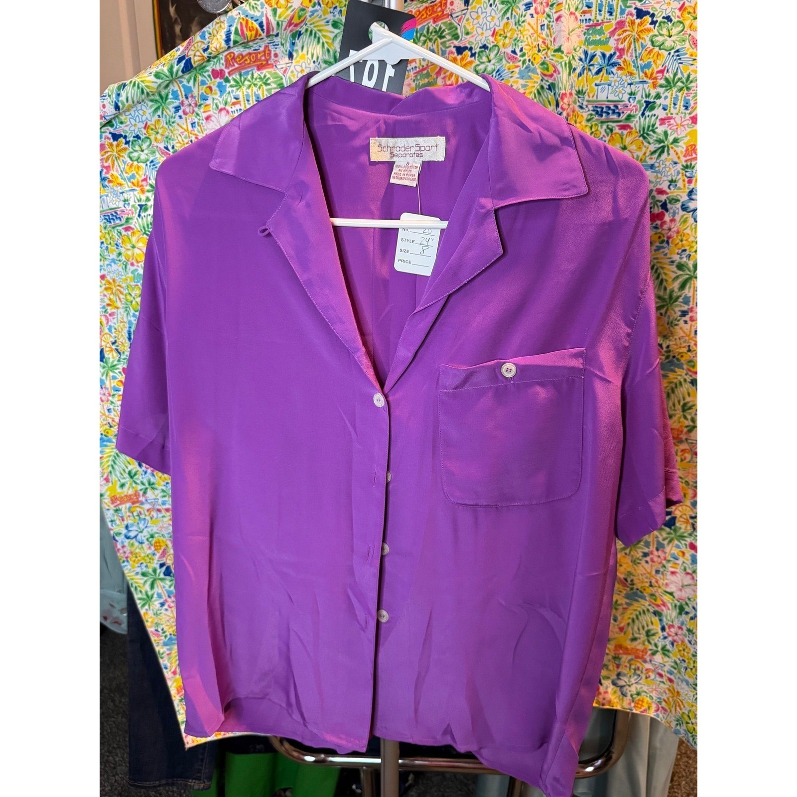 197 Schrader Sport Separates Vintage Purple Short Sleeve Button Up Blouse Size 8