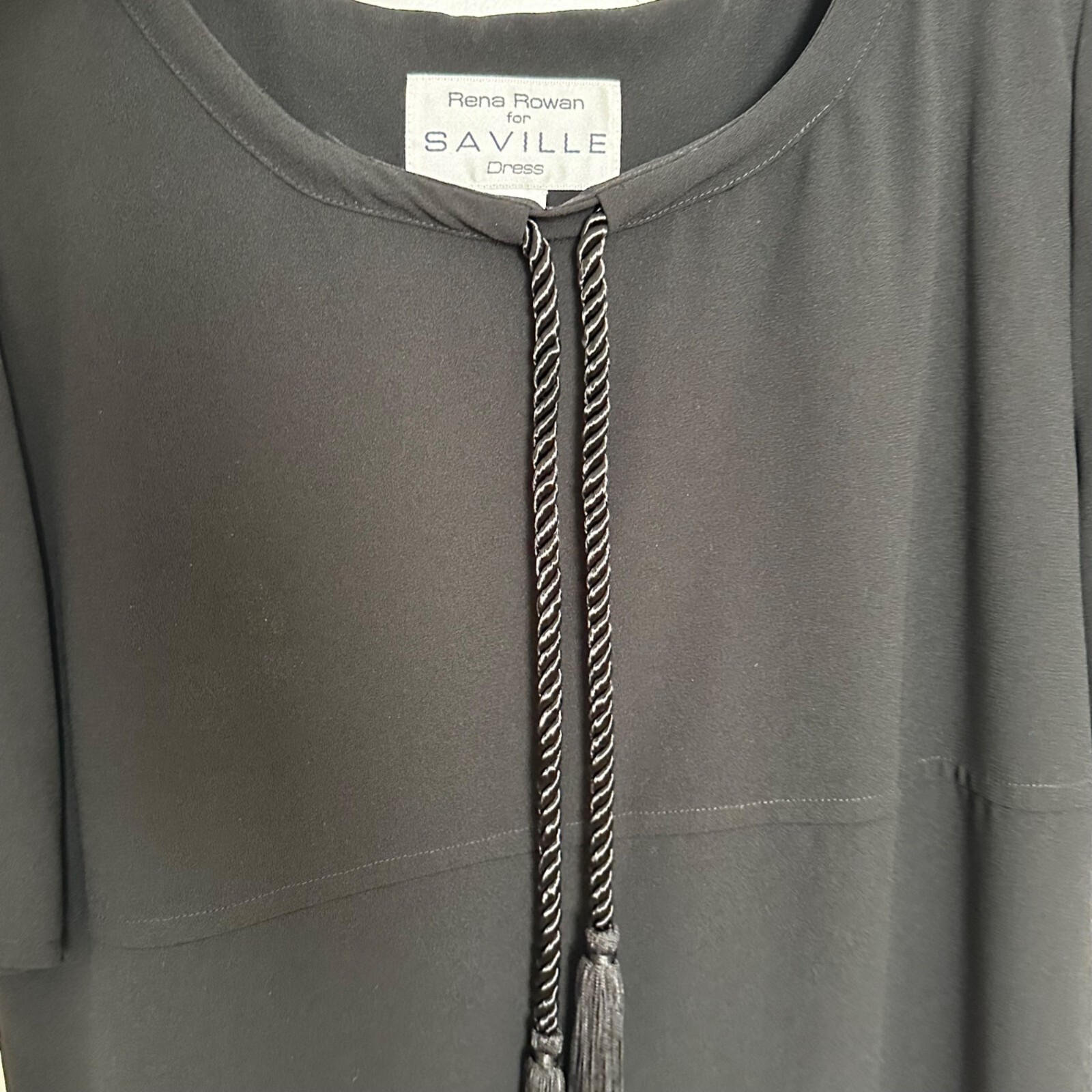 Vintage 80s Rena Rowan for Saville Black Shift Dress Rope Detail Sz 8