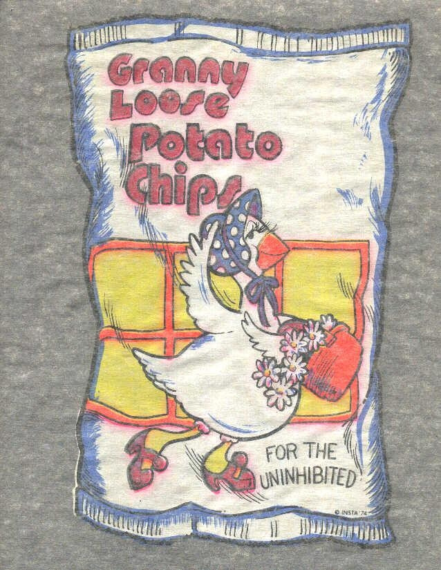 Vintage 70s wacky iron on t shirt transfer GRANNY LOOSE POTATO CHIPS full size