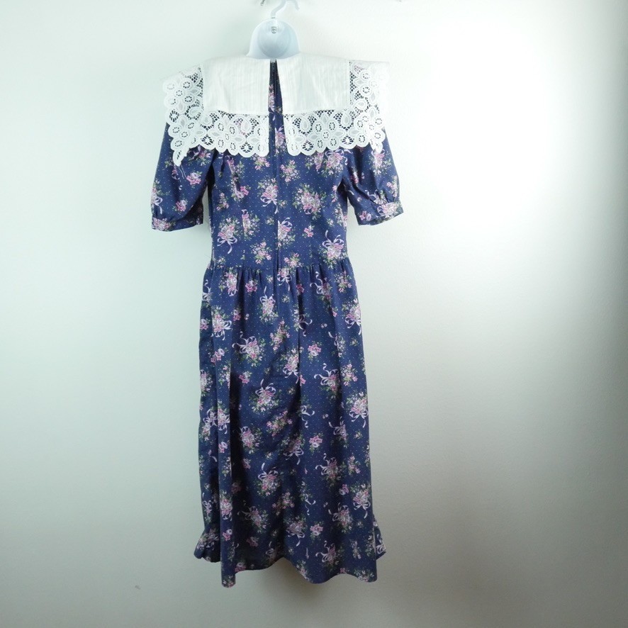 Vintage Floral Lace Collar Midi Dress Cottagecore Puff Sleeve Tea Garden S M 80s