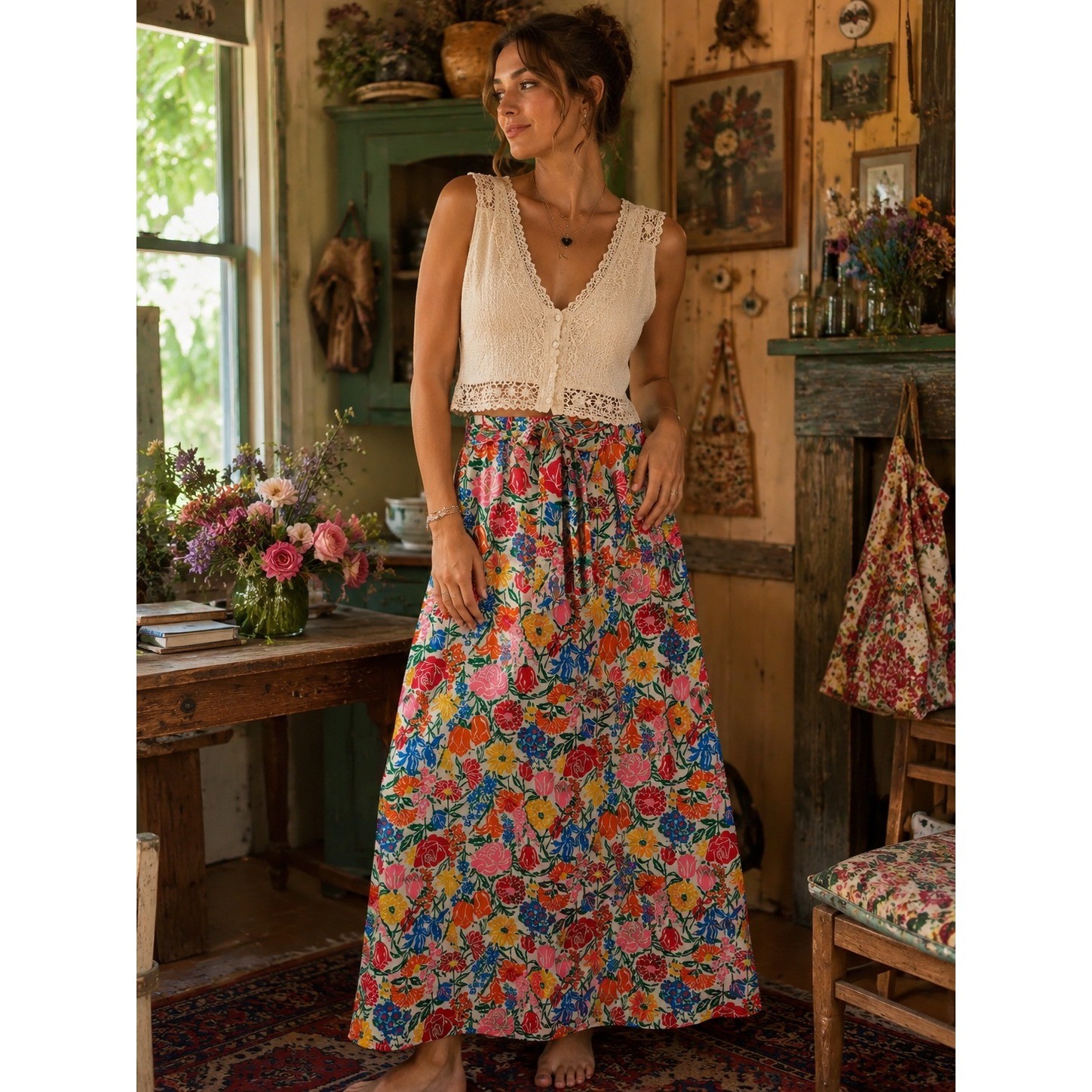 Ah! Austin Hill Maxi Skirt Multicolor Floral Vintage 70s Cottage Boho Retro Mod