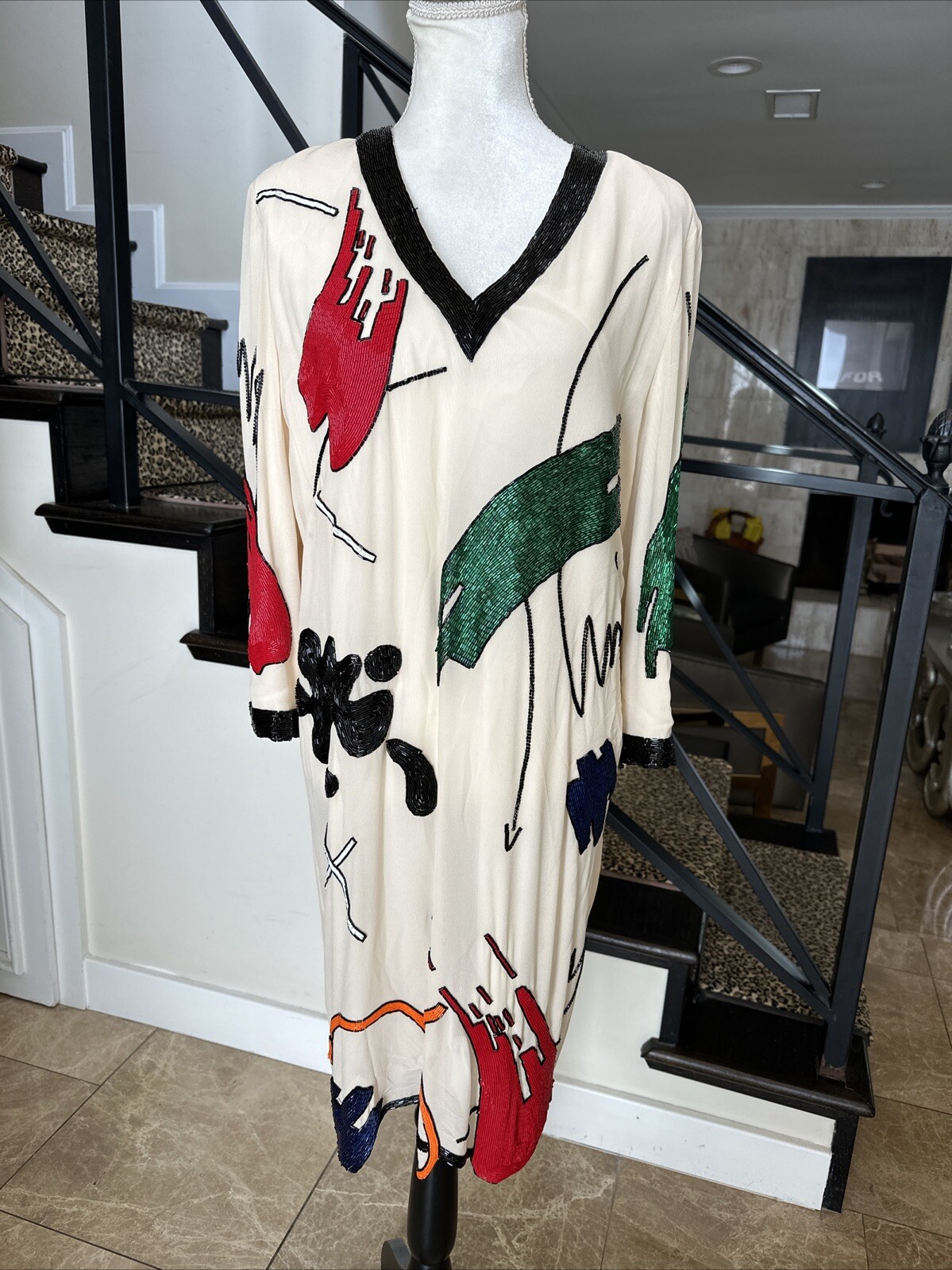 Fabrice Silhouettes 80s Ivory And Vibrantly Colored Beaded Shift Dress 10
