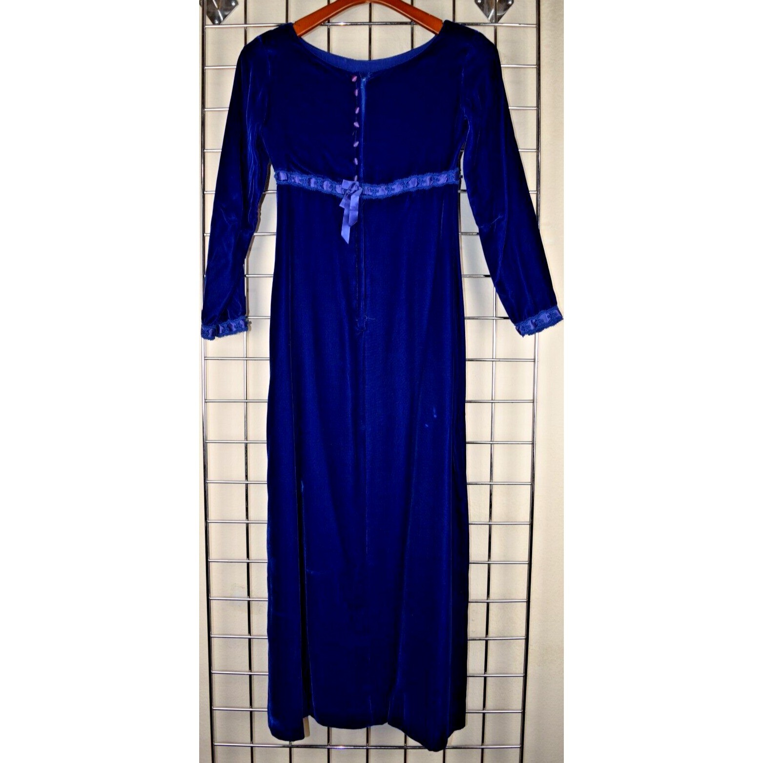 Vintage Dress Size S 70s Blue Velvet Ribbon Trim Empire Waist Button Back