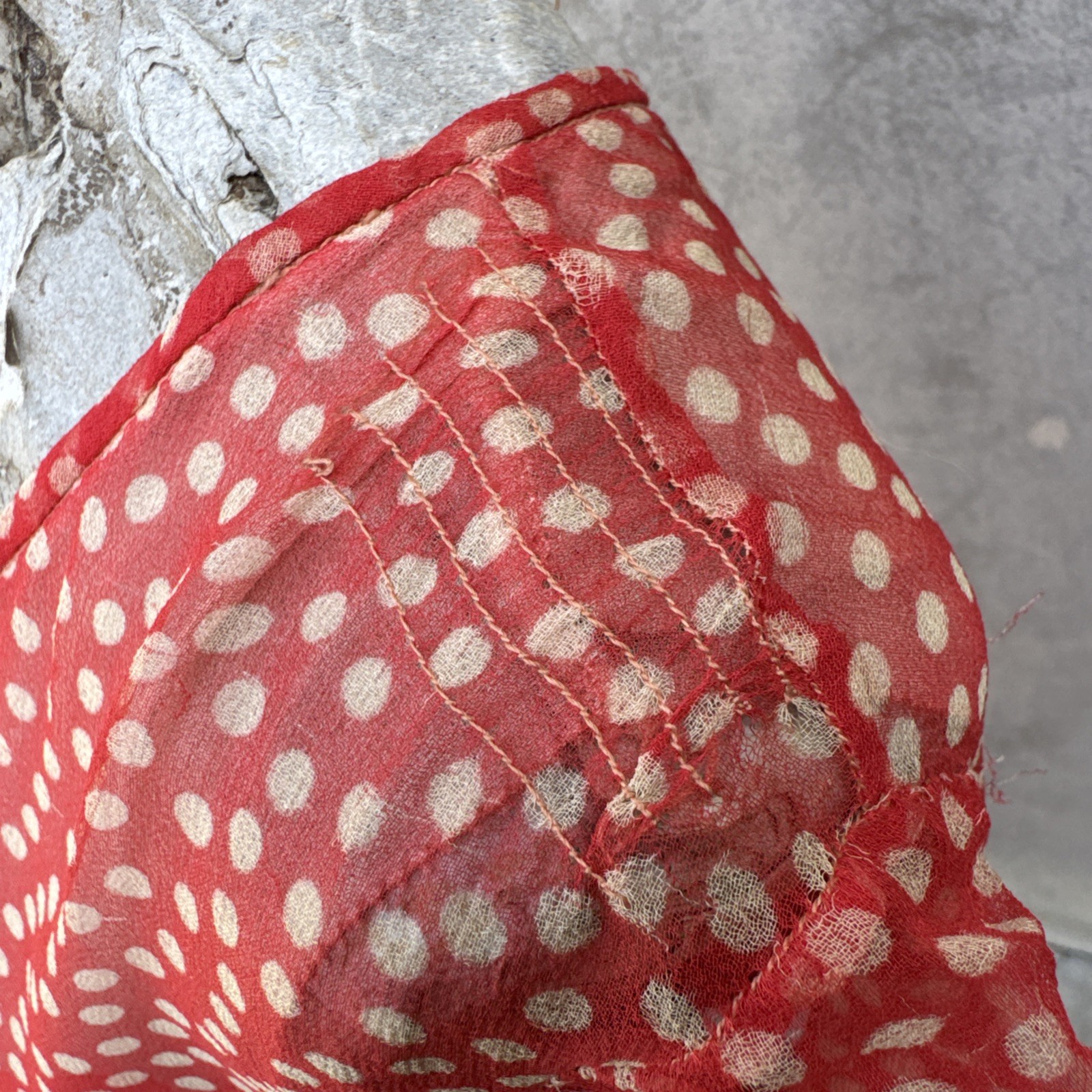 Antique 1920s Red Silk Chiffon Dress Polka Dot Asymmetrical Bow Marjone Vintage