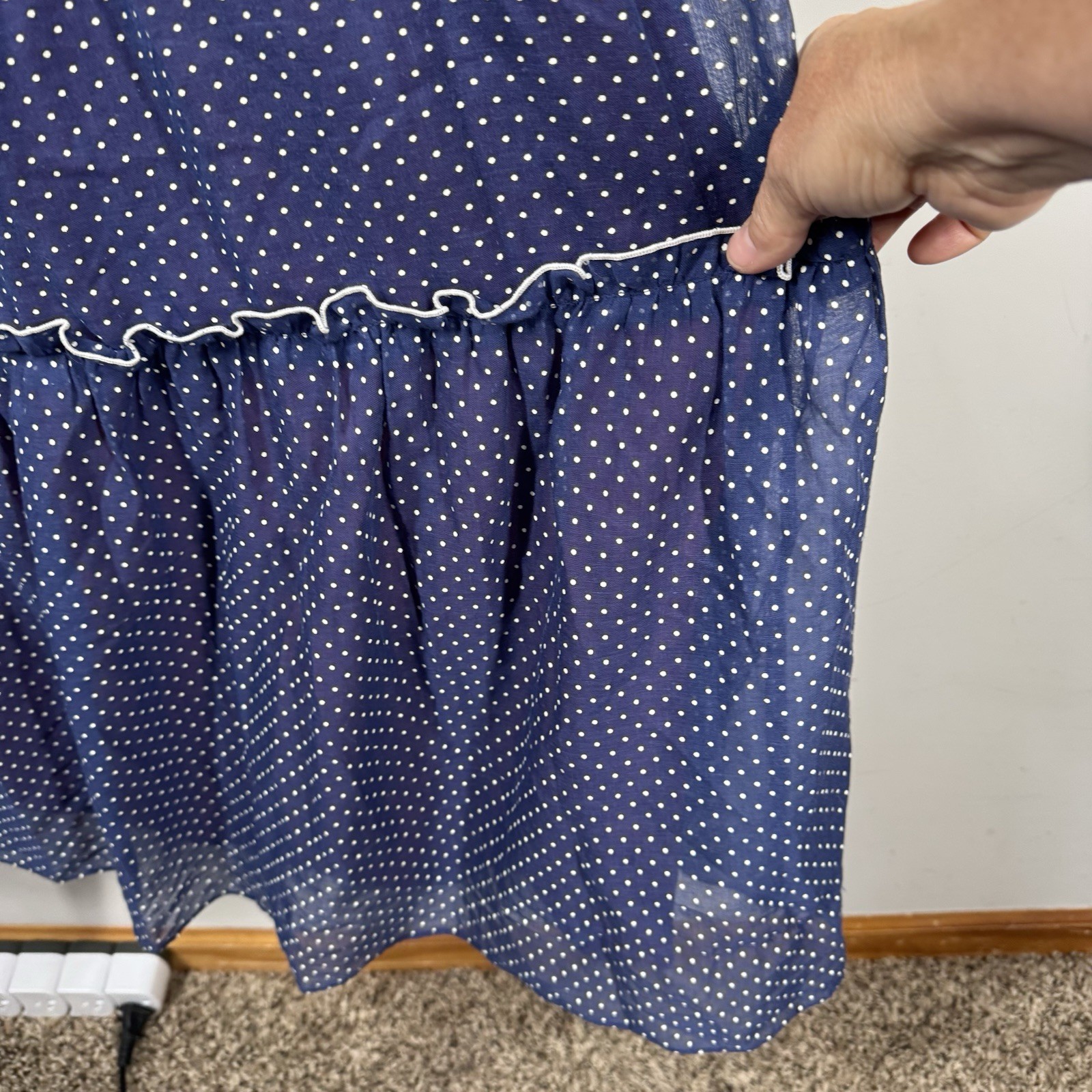 Vtg Ruffle Maxi Dress Sheet Blue Polka Dot Over Lining JC Penny Women Sz 11/12