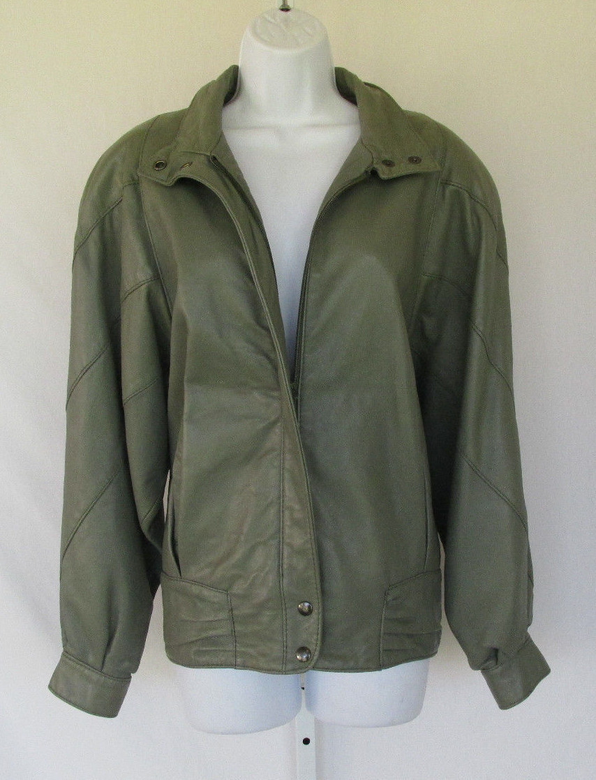 VINTAGE 1980s 90s BAGATELLE LEATHER JACKET GRAY GREEN LAMBSKIN? SIZE 10 LINED