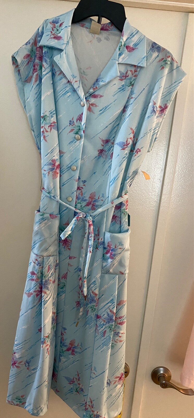 VTG 70s House Dress Women Floral Vneck Collar Button Tie Waist Blue Pink Floral