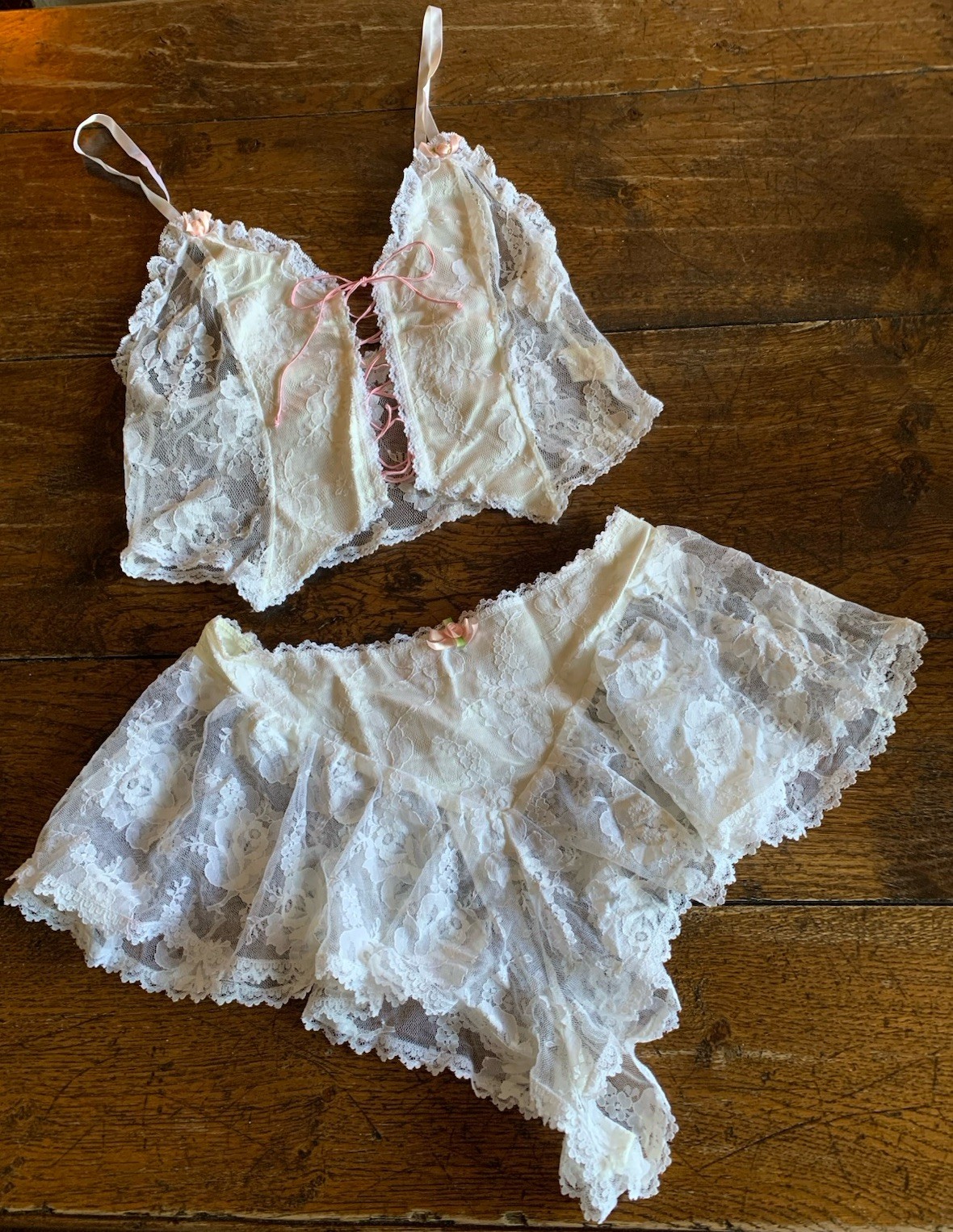 Vintage Emil Bole Corset Panties White Lace Rose Lingerie Lace Up Size Large