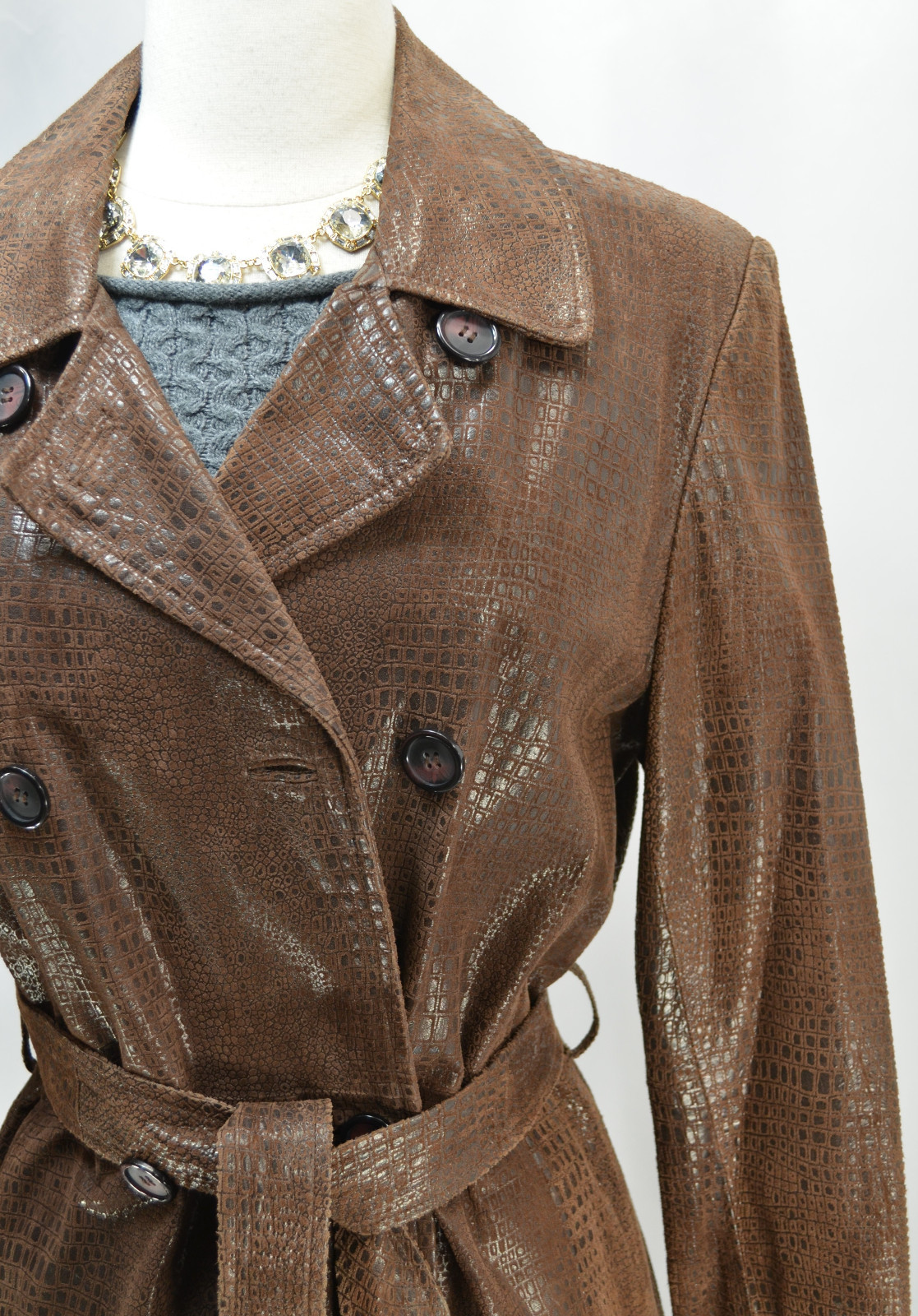 Marvin Richards Chocolate Brown Leather Reptile textured long coat trench VTG S
