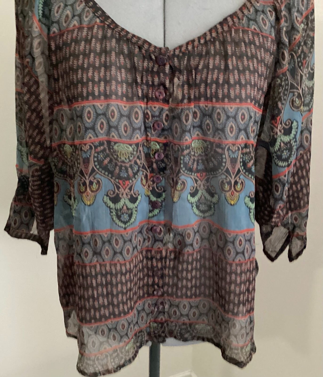 VTG Passport Pier 1 black teal pattern scoop v neck button sheer BOHO 3/4 sleeve