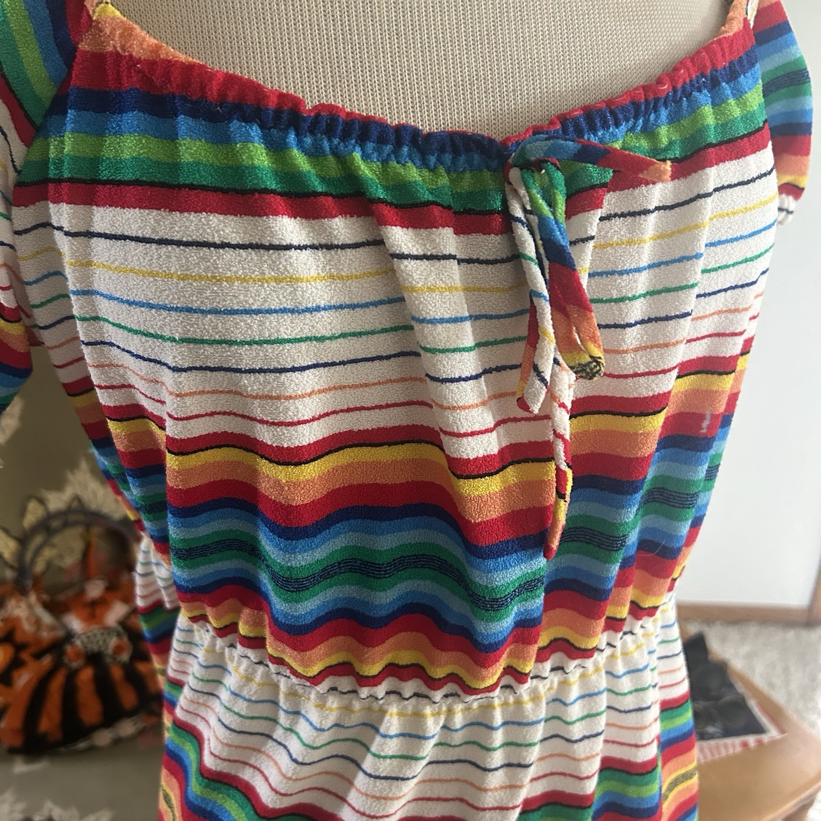 Vintage 1940s Style Dress | Rainbow Stripe | Peasant | XL 2XL | Volup | 70s