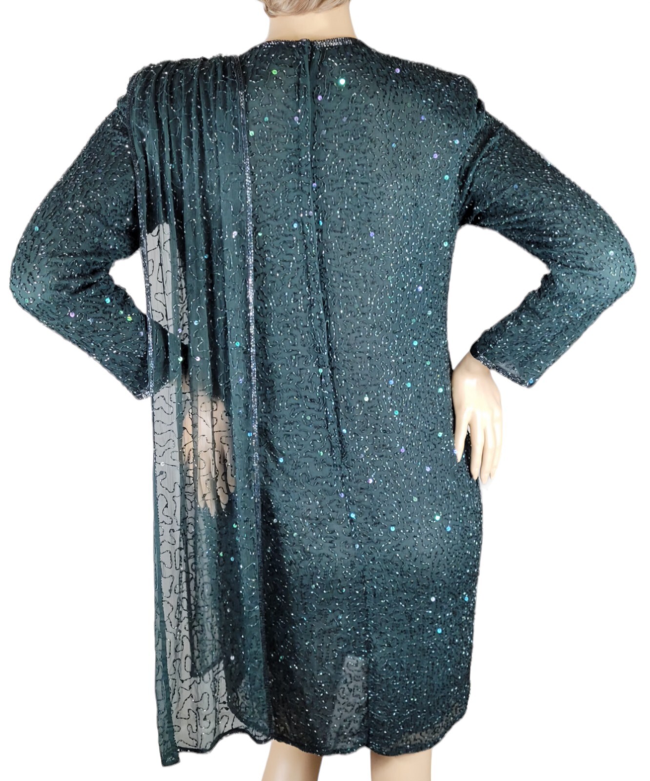 Vintage Judith Ann Creations Hunter Green Beaded Sequin Cocktail Evening Dress L