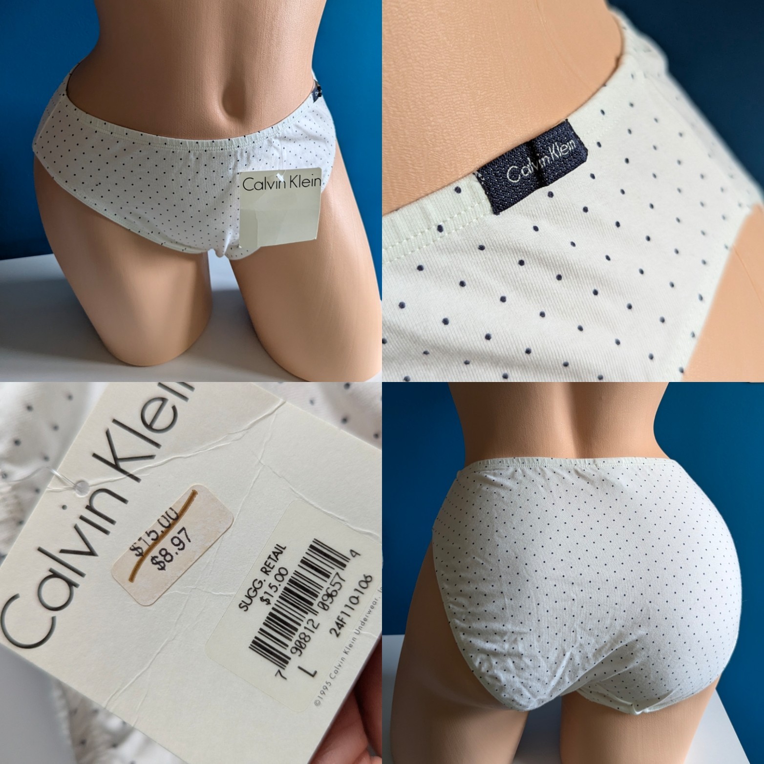 NWT Vintage Calvin Klein Panties Brief Sz Large L Polka Dot 1995 Cotton90s Y2K