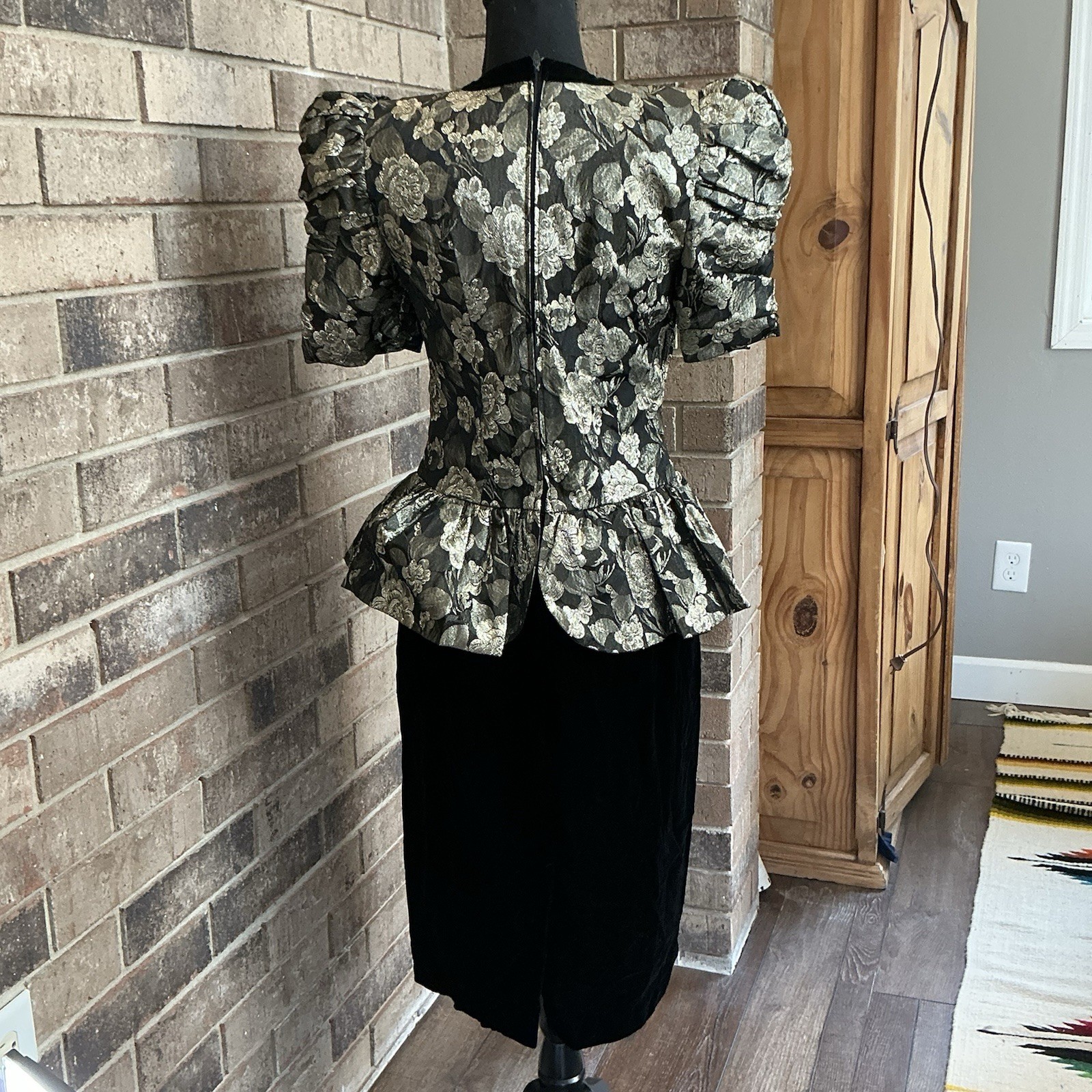 VINTAGE Act 1 Petites Size XS Floral Brocade Peplum Velvet Dress Cocktail #61C3