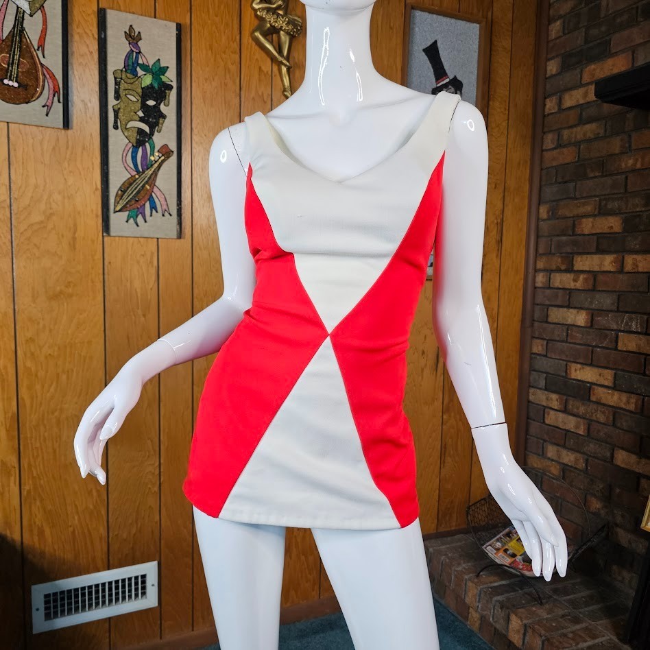 Vtg 70s Mod Color Block Volup Sears Sea Stars Diamond Swimsuit Bathing Suit L/XL