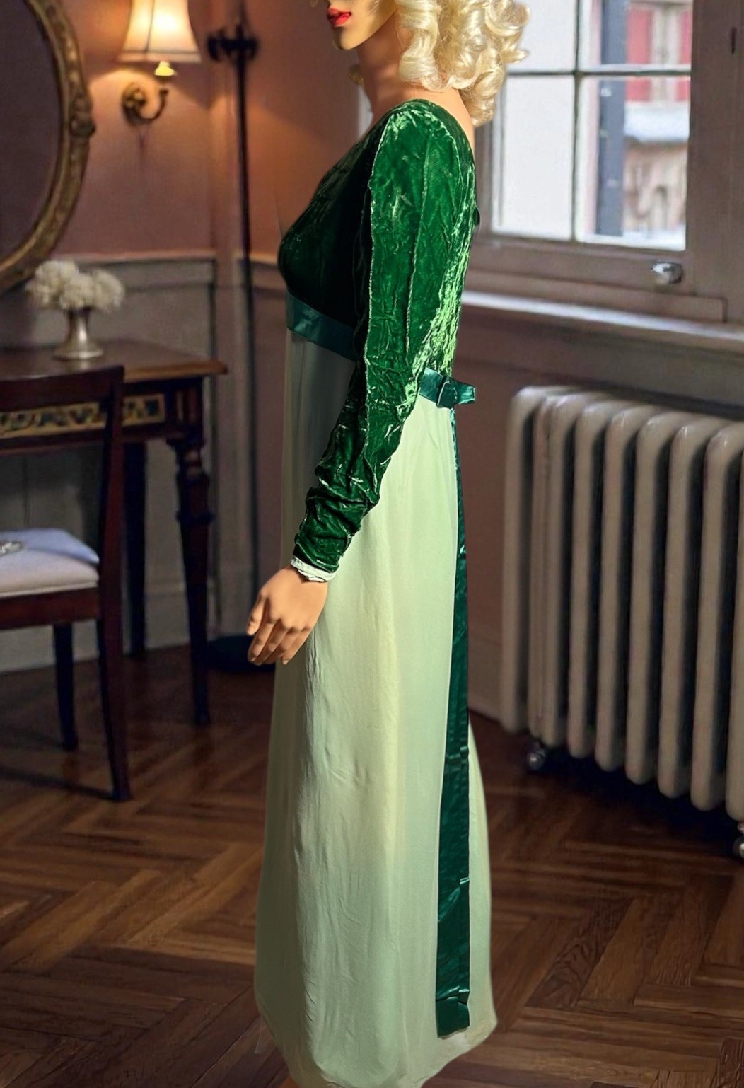 Vintage 1960s Empire Waist Crushed Velvet Maxi Dress Gown Emerald Green M-L 30w